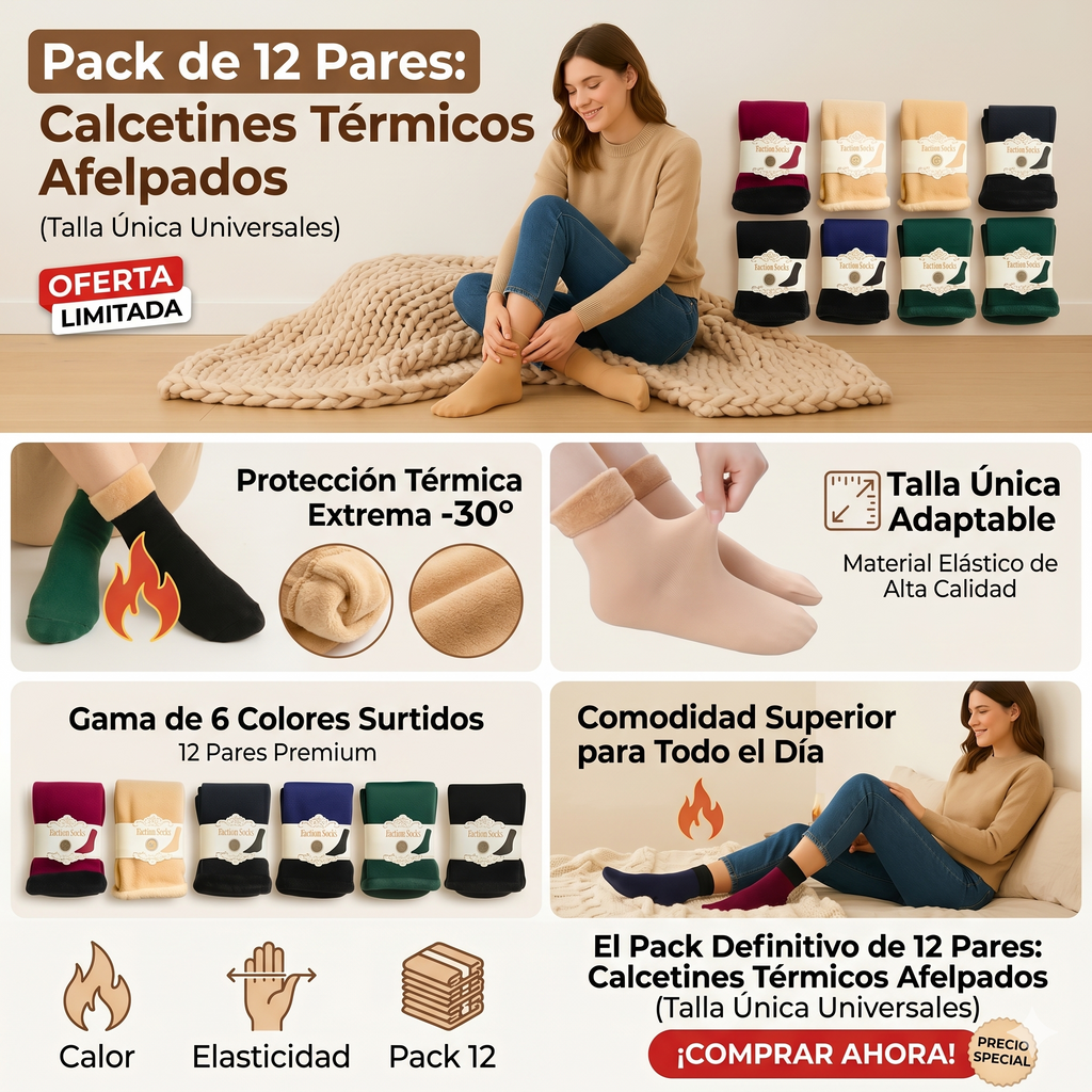 Mega Pack de 12 Pares: Calcetines Térmicos Afelpados (Talla Única Universales)